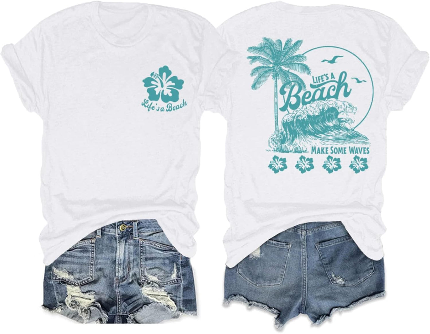 Hawaiian Beach T Shirts for Women Hibiscus Flower Palm Tree Shirt Tropical Graphic Tees Summer Beachy Vacation Tops