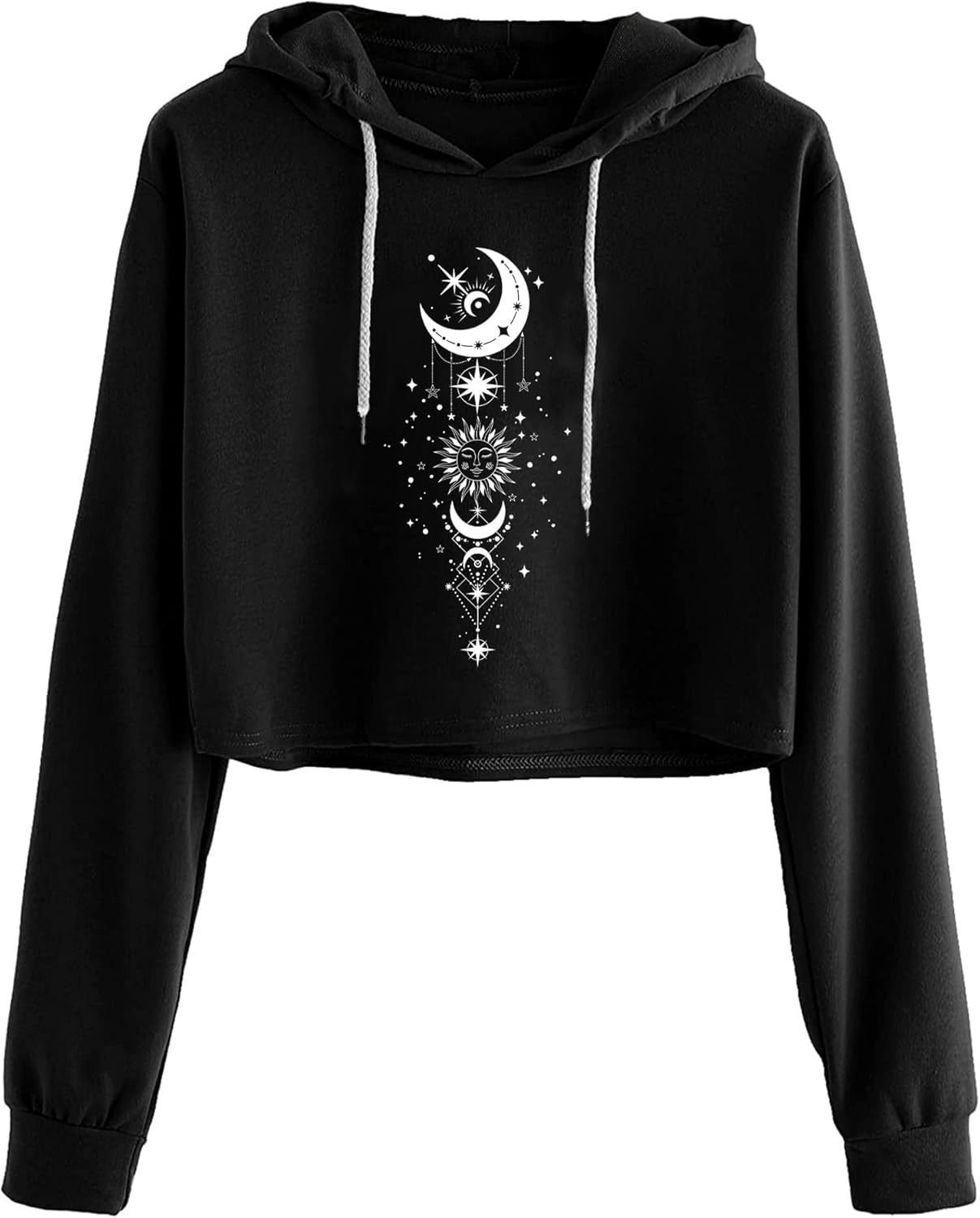 Women's Casual Sun and Moon Print Hoodie Long Sleeve Crop Top Sweatshirt
