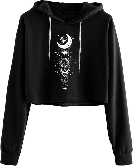 Women's Casual Sun and Moon Print Hoodie Long Sleeve Crop Top Sweatshirt