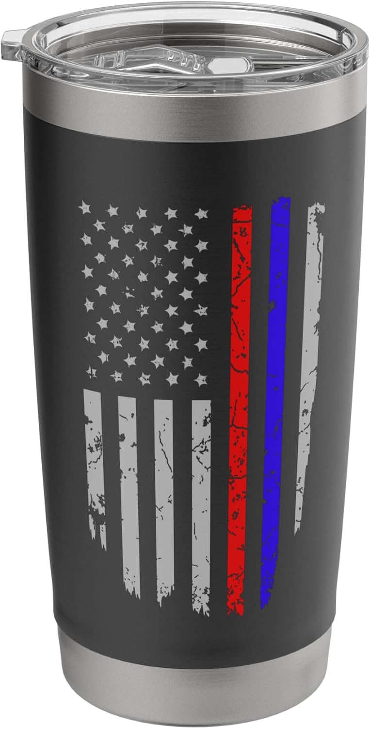 American Flag Red Blue Thin Line Apparel Firefighter Police Stainless Steel Insulated Tumbler