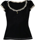 Womens E-Girls Short Sleeve T-Shirt Y2k Lace Trim Crop Tops Crewneck Fairy Grunge Tee Tops Aesthetic Summer Clothes