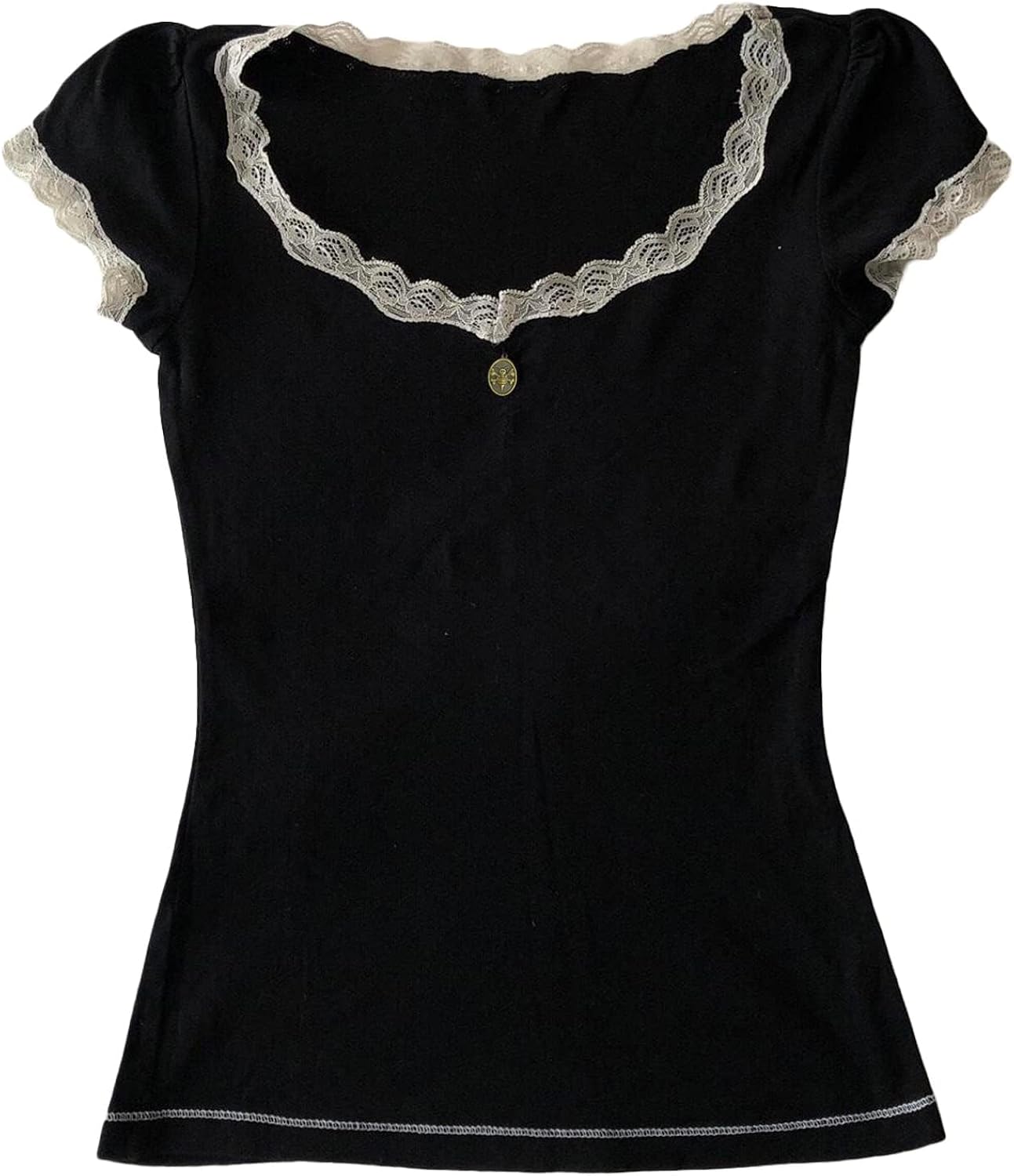 Womens E-Girls Short Sleeve T-Shirt Y2k Lace Trim Crop Tops Crewneck Fairy Grunge Tee Tops Aesthetic Summer Clothes
