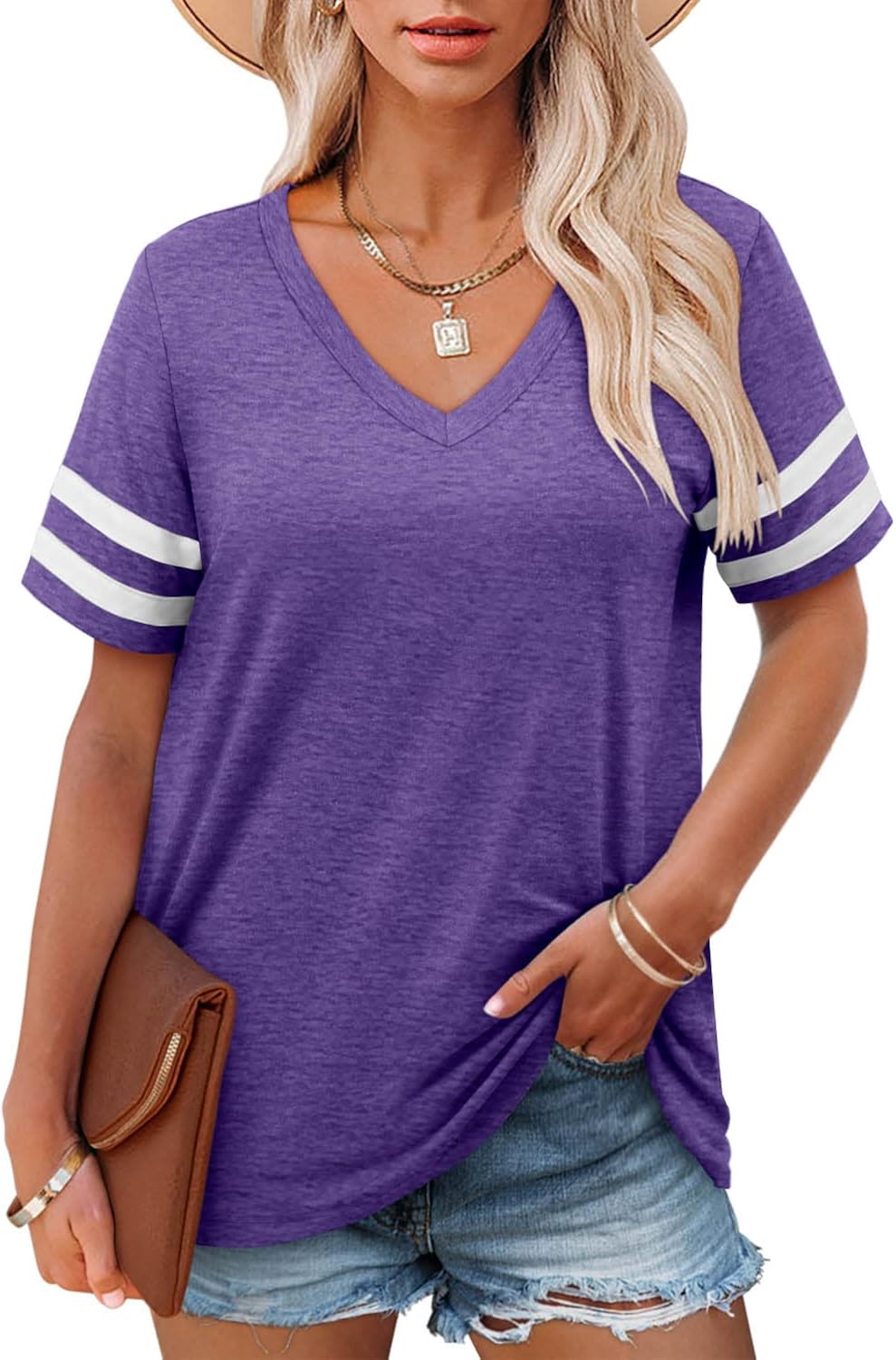 Casual Summer Tops for Women V Neck T Shirts Short Sleeve Tunic Tops Loose Fit