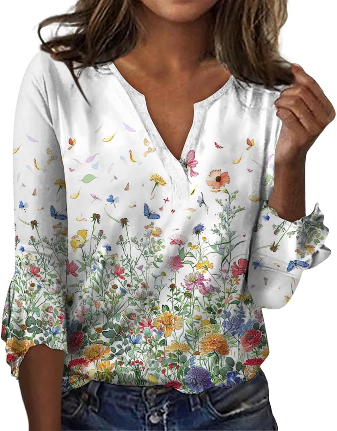 Womens Boho 3/4 Sleeve Tops Vintage Floral Shirt Summer Casual V Neck Blouses 2025 Fashion Graphic Tees