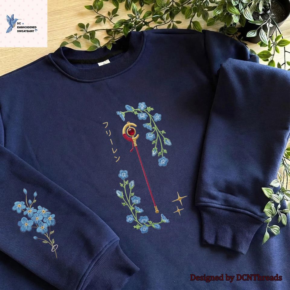 Frieren Inspired Embroidered Sweatshirt, Mage Staff Floral Anime Crewneck