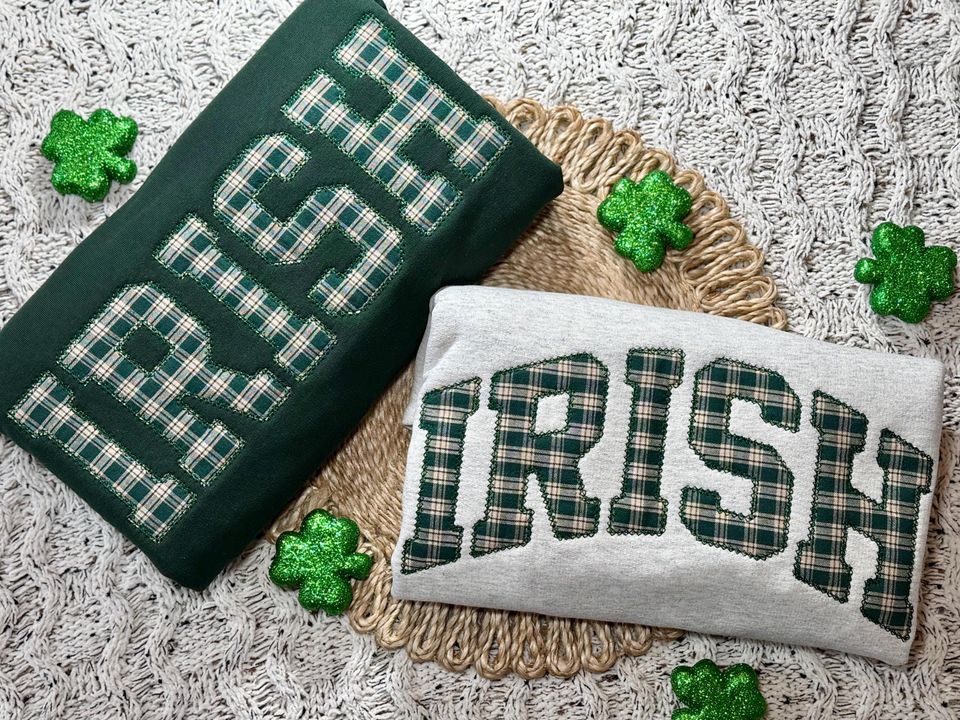 Irish Embroidered Sweatshirt - Lucky Irish embroidered St Patricks Day Sweater - Green Plaid