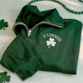 Personalized St Patricks Day Embroidered Quarter Zip Sweatshirt, Irish Shamrock Pullover, Custom Last Name Four-Leaf Clover Lucky Zip Shirt
