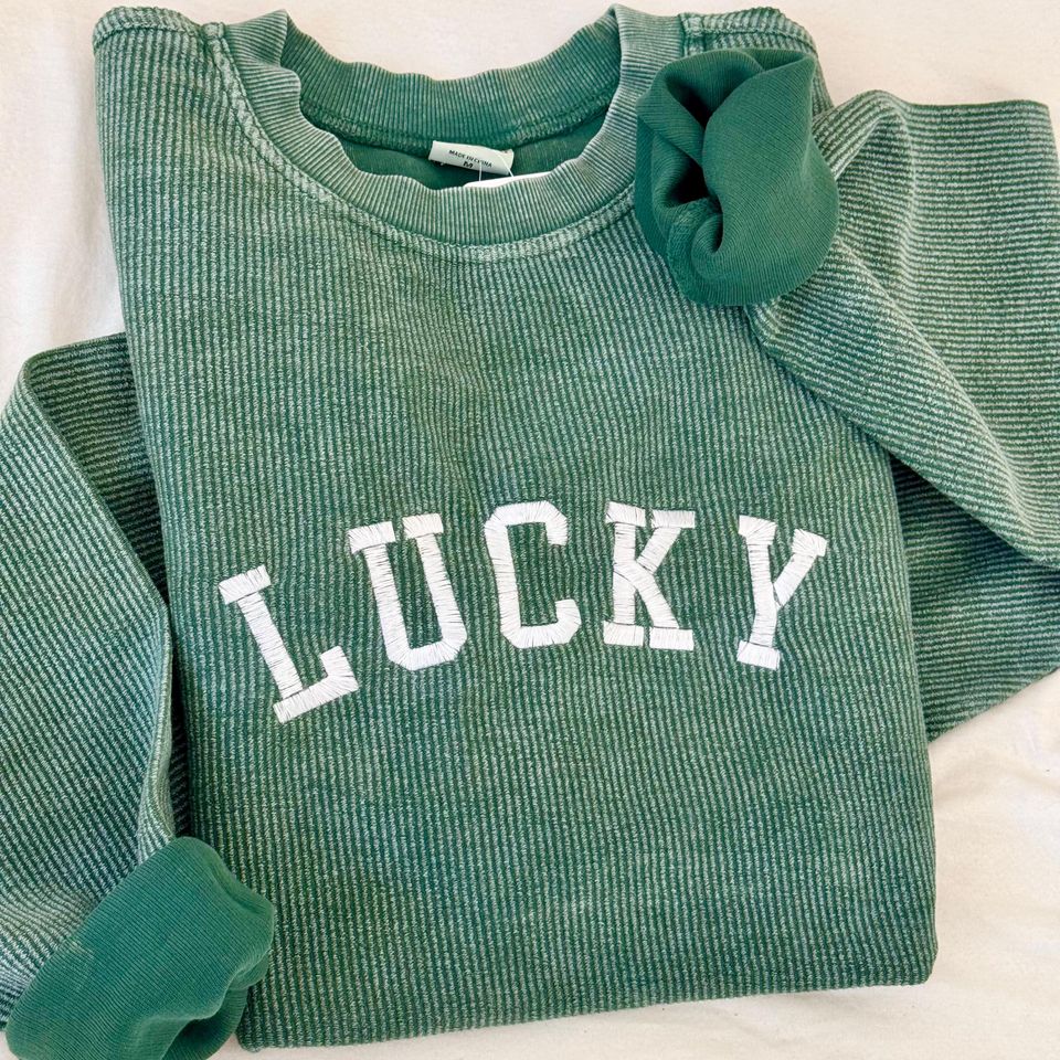 Embroidered St. Patricks Day Corded Sweatshirt, Varsity Crewneck, Lucky Waffle Knit Crewneck, Extra Oversized, St Paddys Day Crew