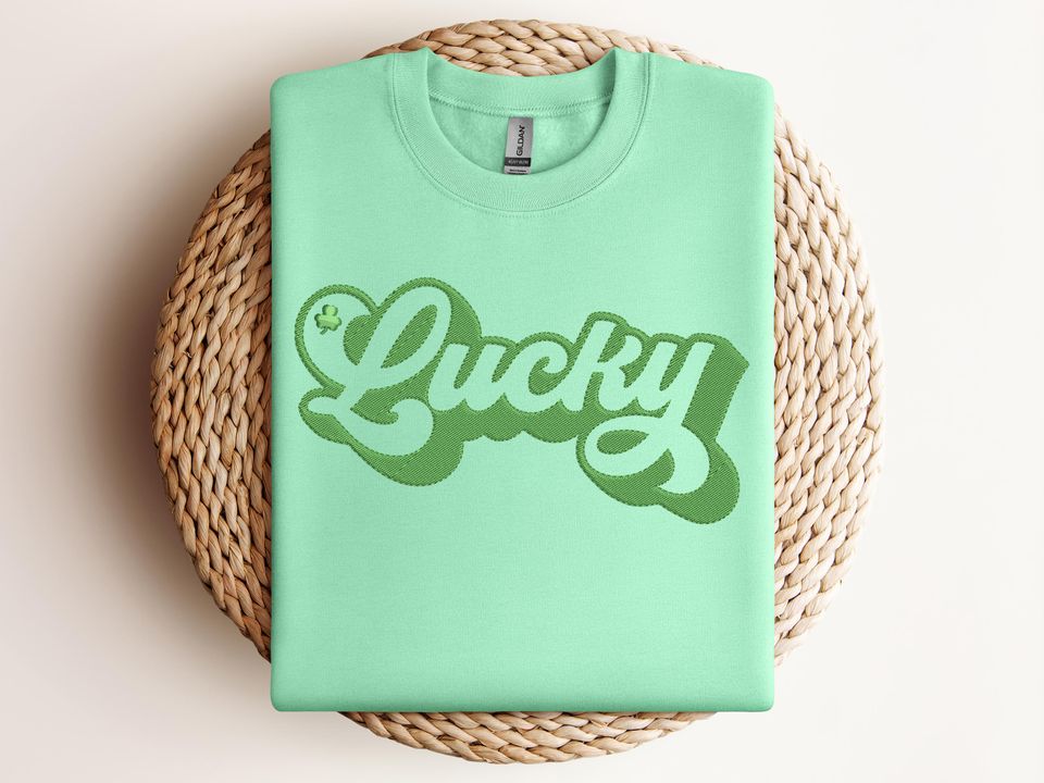 Lucky Embroidered Sweatshirt, St Patricks Day Script Shirt, Green Lucky Embroidery Hoodie Tee