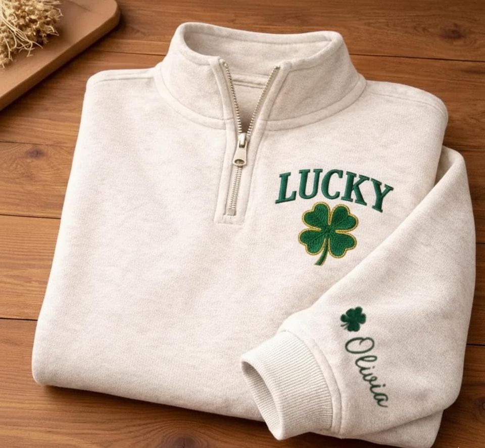 Custom Personalized Lucky Quarter Zip Sweatshirt, St Patricks Day Pullover, Shamrock Embroidered Sweater, Custom Name Gift