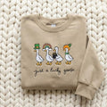 Just A Lucky Goose Sweatshirt, Funny St Patricks Day Shirt, Embroidered Silly Goose Crewneck, Irish Gift for Her, Festive Apparel