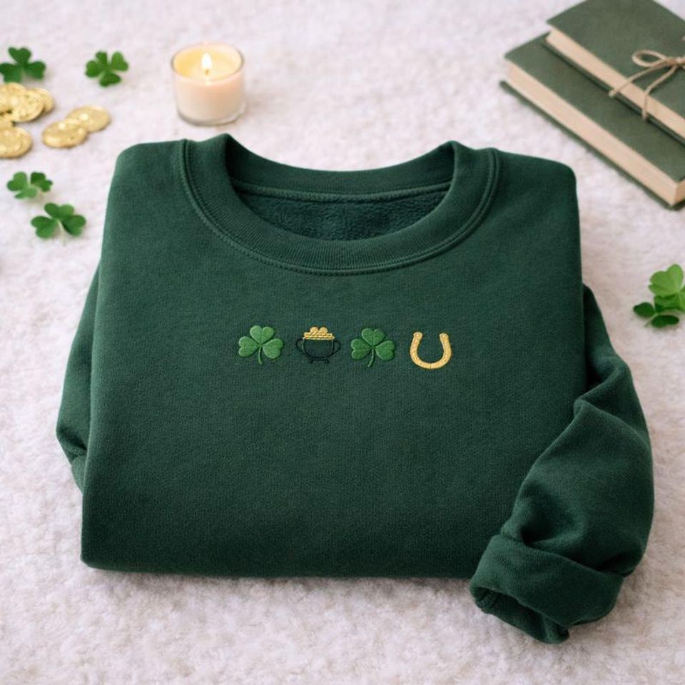 Embroidered Retro Shamrock Sweatshirt, Womens Shenanigans Sweatshirt, Cute St Patricks Day Sweatshirt, Lucky Sweatshirt, Irish Shirt