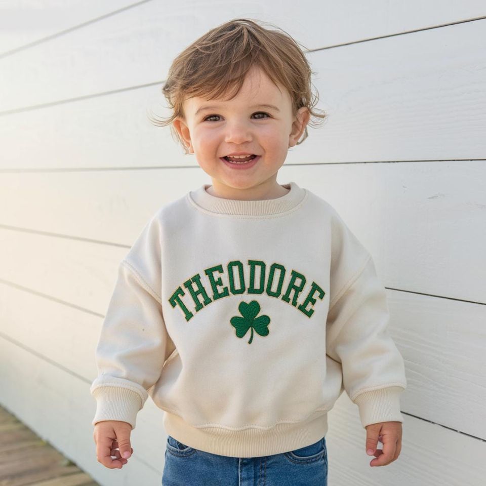 Embroidered Custom Name Shamrock Toddler Sweatshirt, Lucky Baby Sweater, Irish Baby Sweater, St. Patricks Day Toddler Gift