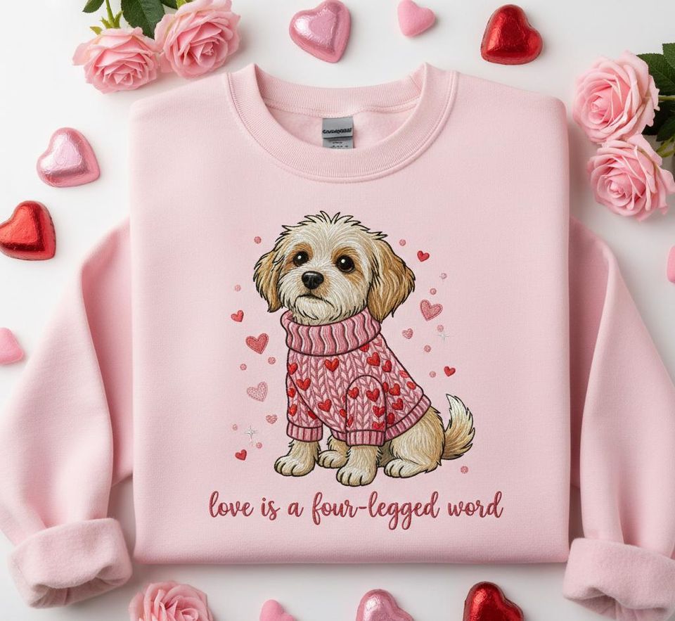 Custom Valentine Dog Embroidered Sweatshirt, Cute Puppy Love Crewneck with Quote, Pink Romantic Gift for Dog Lovers