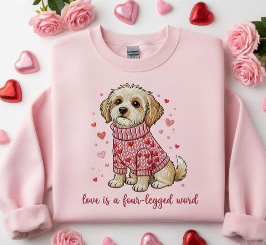 Custom Valentine Dog Embroidered Sweatshirt, Cute Puppy Love Crewneck with Quote, Pink Romantic Gift for Dog Lovers