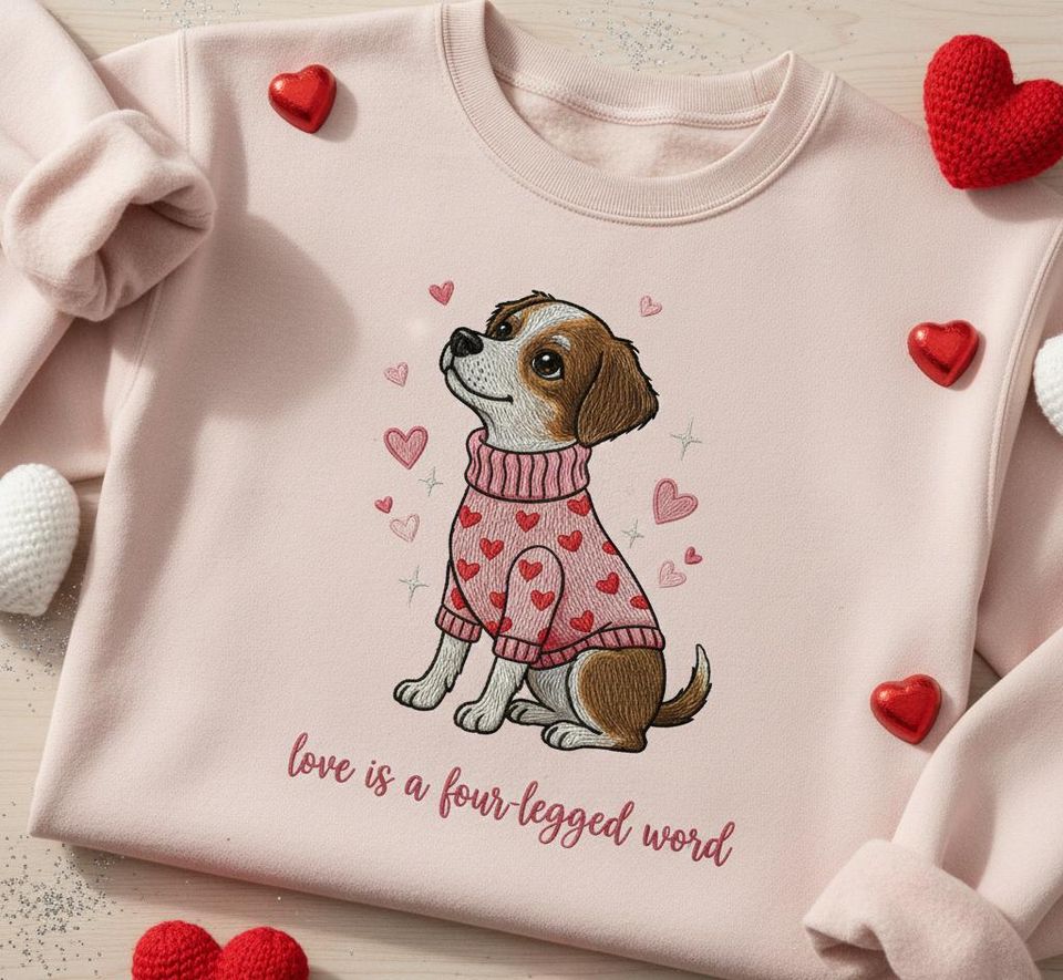 Custom Dog Valentine Embroidered Sweatshirt, Love Is a Four Legged Word Crewneck, Cute Puppy Heart Gift