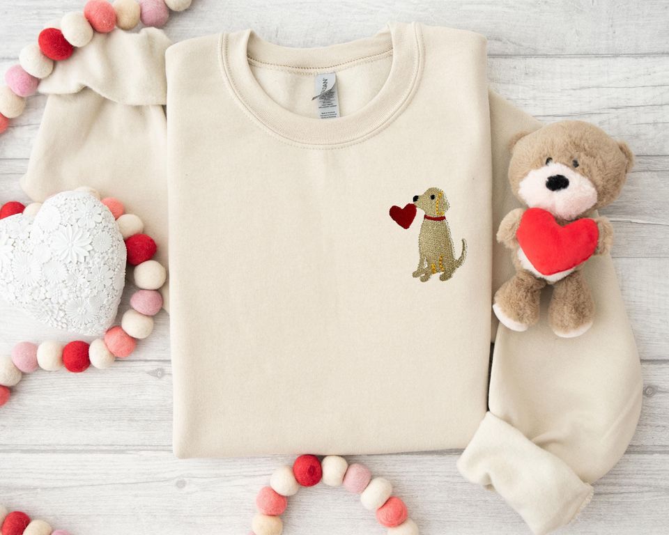 Dog Valentine's Day Embroidery Sweatshirt, Dog Mom Valentines Day Embroidered Shirt, Embroidered Dog Sweatshirt, Embroidery Dog Mom Shirt
