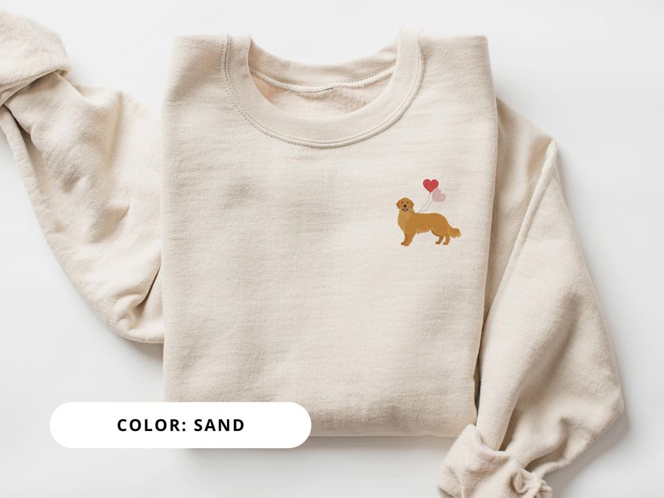 Embroidered Golden Retriever Sweatshirt Golden Retriever Dog with Heart Balloons Golden Mom Shirt Valentine's Dog Shirt Mother's Day Gift