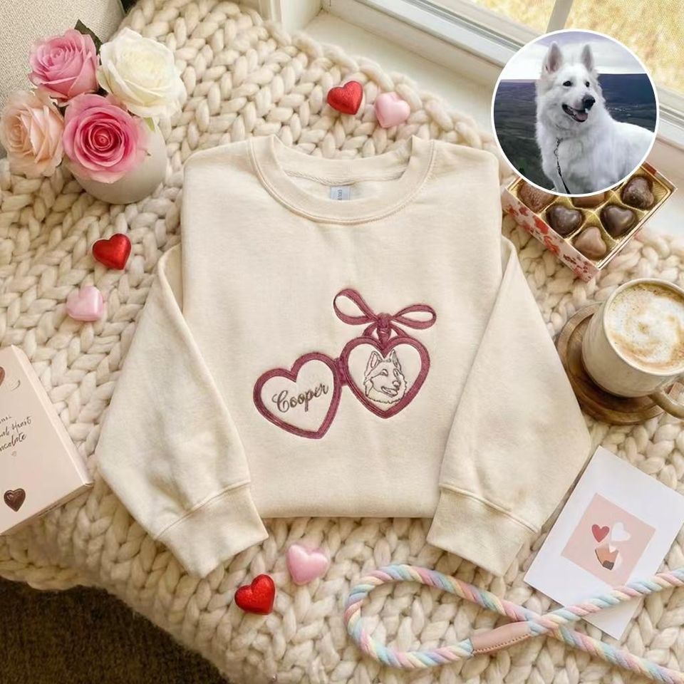 Dog Face Embroidered Valentine Sweatshirt, Dog Photo Embroidered Heart Hoodie, Valentine's Day Gift for Pet Lover, Dog Mom Gift,Dog Dad Gift