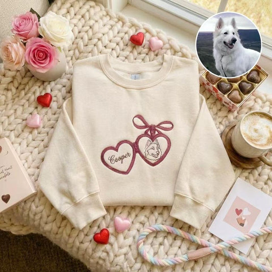 Dog Face Embroidered Valentine Sweatshirt, Dog Photo Embroidered Heart Hoodie, Valentine's Day Gift for Pet Lover, Dog Mom Gift,Dog Dad Gift