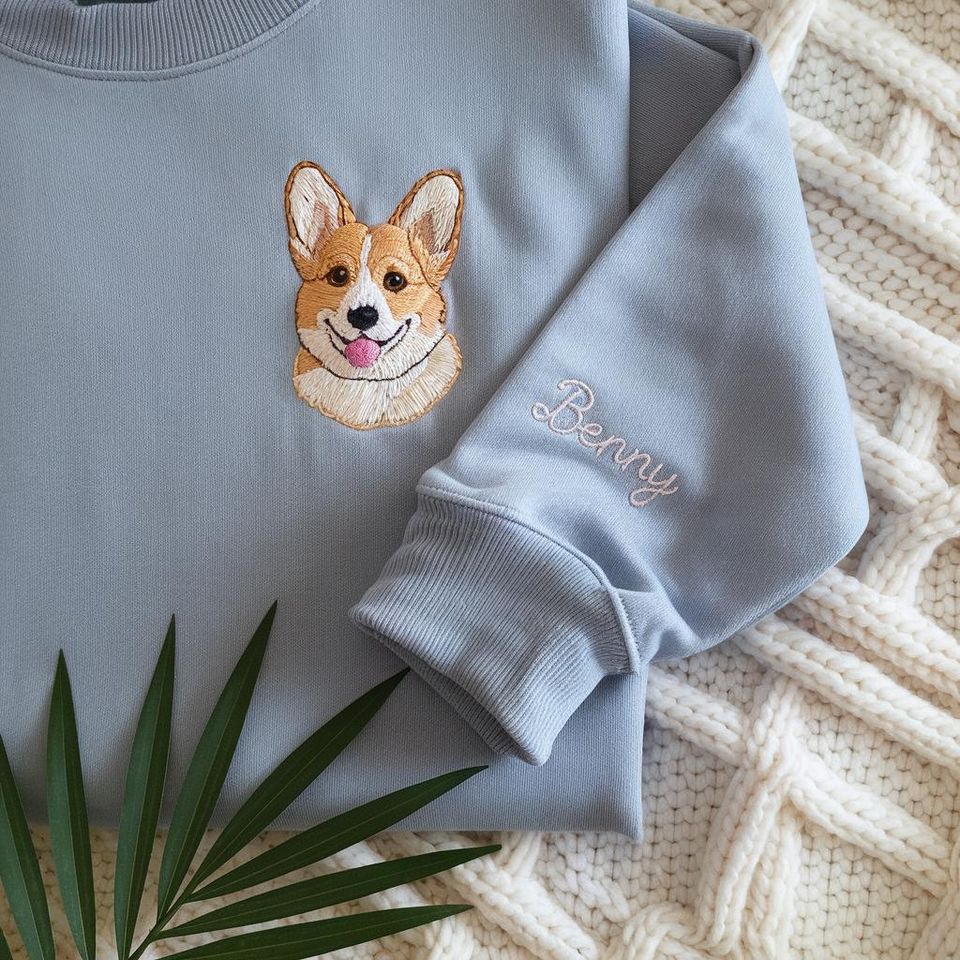Custom Pet Portrait Embroidered Sweatshirt: Personalized Dog Memorial Gift