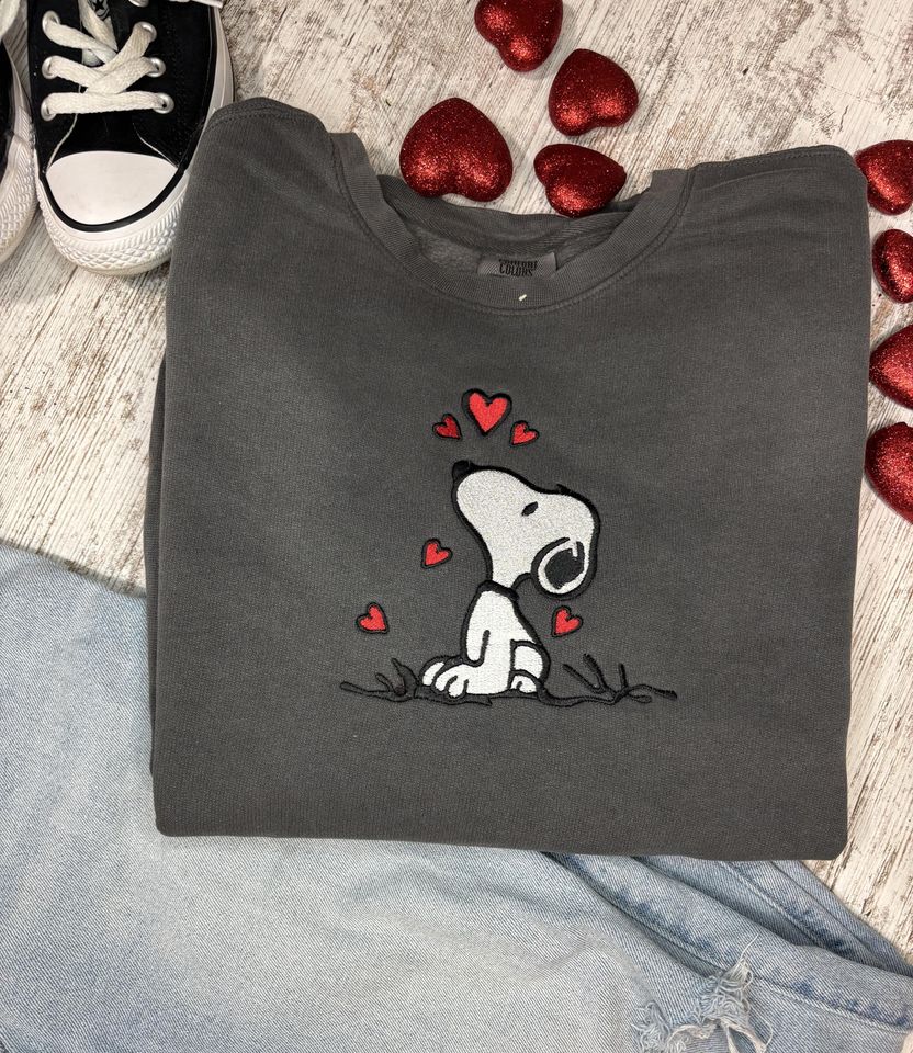 Embroidered, Comfort Colors Valentine Cartoon Dog Sweatshirt. Love. Puppy.