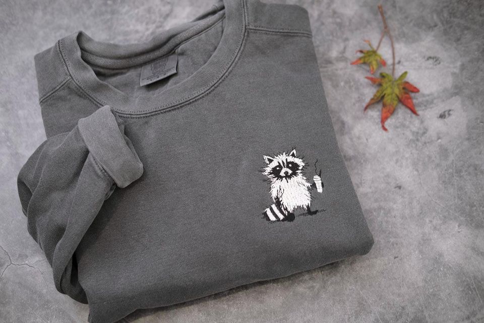 Funny raccoon coffee sweatshirt, Embroidered Meme Raccoon Sweater, exhausted raccoon shirt