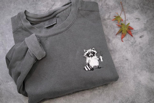 Funny raccoon coffee sweatshirt, Embroidered Meme Raccoon Sweater, exhausted raccoon shirt
