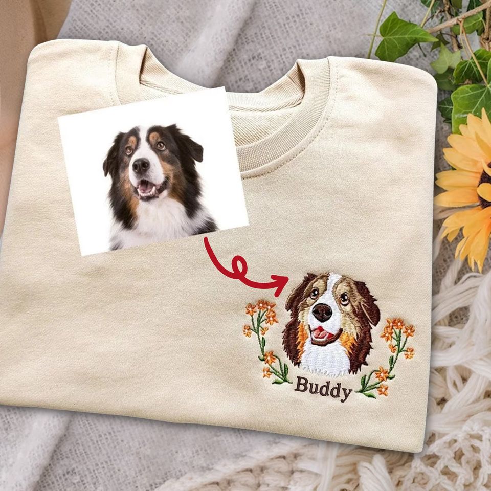 Custom Dog Face Embroidered Sweatshirt, Personalized Cat Photo Hoodie, Pet Portrait T-Shirt, Embroidery Sweater, Gift for Pet Lovers