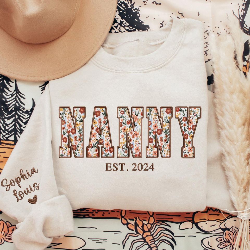 Custom Embroidered Nanny Sweatshirt, Nanny Floral Applique Sweatshirt, Nanny Sweater with Kids on Sleeve, Personalized Grandma Gifts