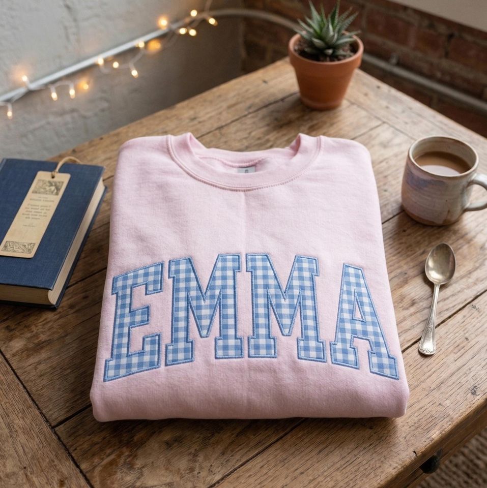 Custom Name Embroidered Sweatshirt, Gingham Applique Letter Tshirt, Personalized Mama Hoodie, Preppy Name Sweatshirt, Custom Text Pullover