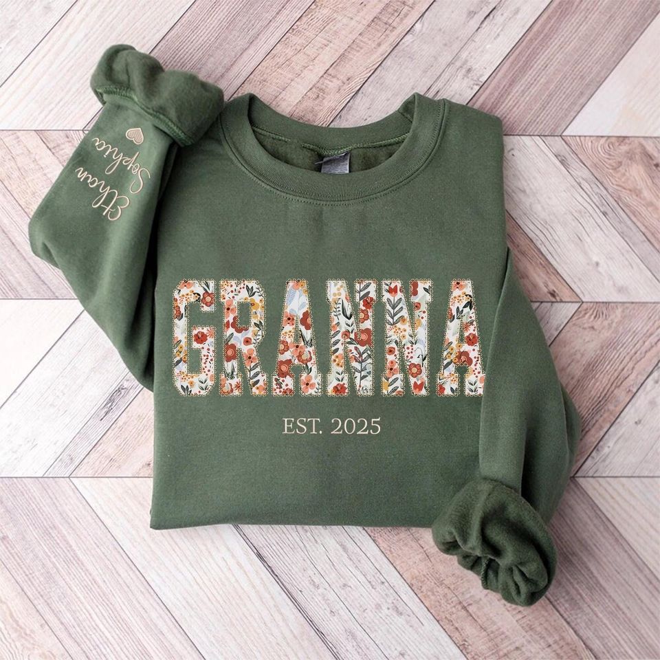 Personalized Floral Applique Embroidered Granna Sweatshirt,Granna Sweater,Granna Crewneck, Gift For Nana,New Grandma Gifts, Mama Mimi Hoodie