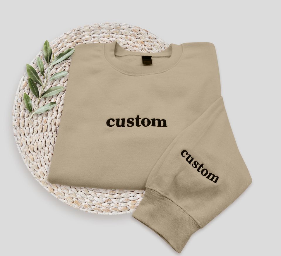Personalized Embroidered Sweatshirt, Embroidery Hoodie, Text On Sleeve, Custom Sweater, Varsity Crewneck, Mama Outfit, Mother's Day Gift