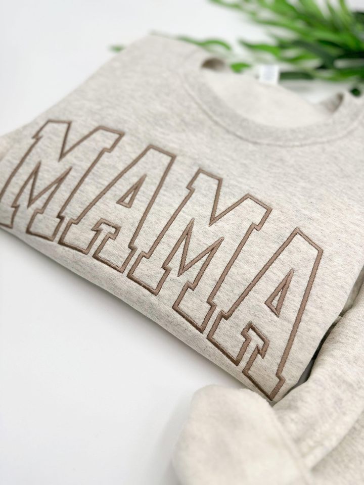 Embroidered Mama Sweatshirt, Suede Brown Thread, Oatmeal Heather Crewneck