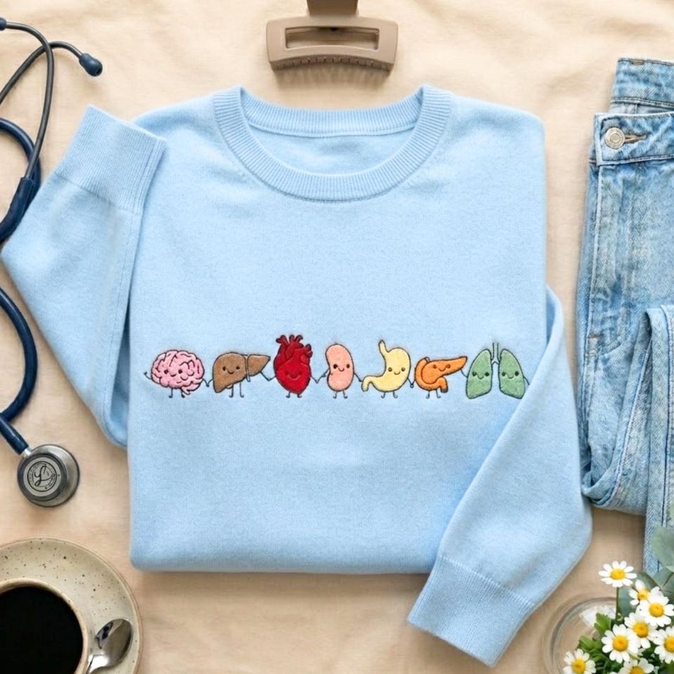 Embroidered Organ Friends Sweatshirt: Minimalist Anatomy Healthcare Tee