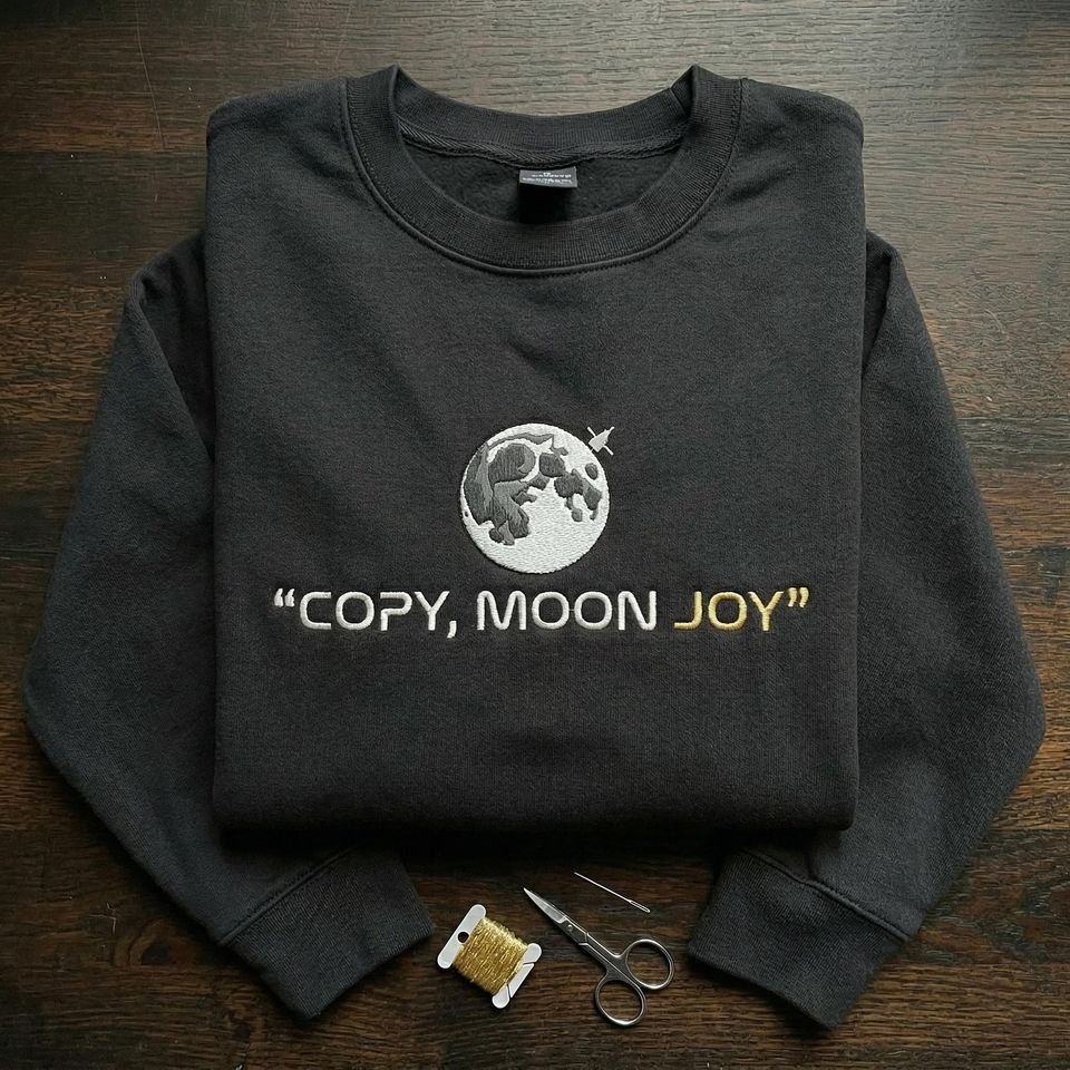 Embroidered Lunar Quote Sweatshirt, Minimal Space Design, Night Sky Fashion Statement for Women