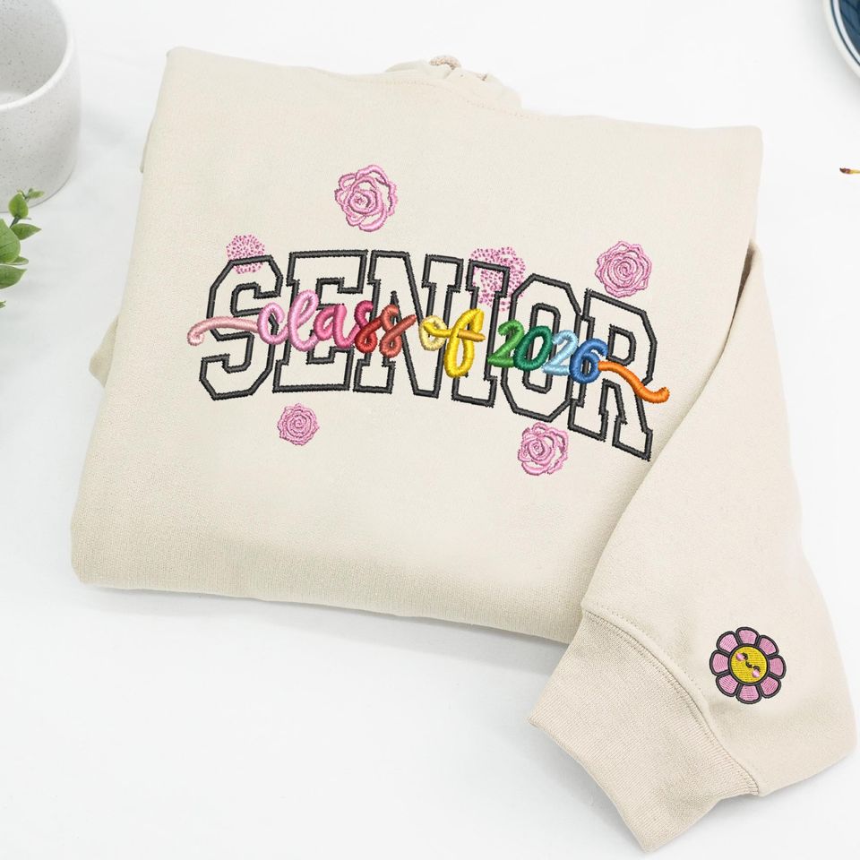 Custom Senior 2026 Embroidered Sweatshirt with Rainbow Floral Design | Personalized Graduation Crewneck