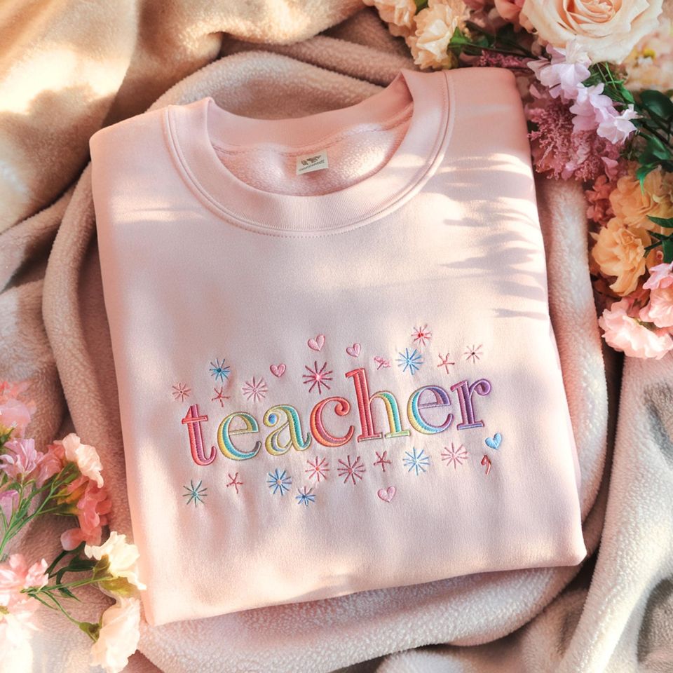 Embroidered Teacher Sweatshirt with Multicolor Design