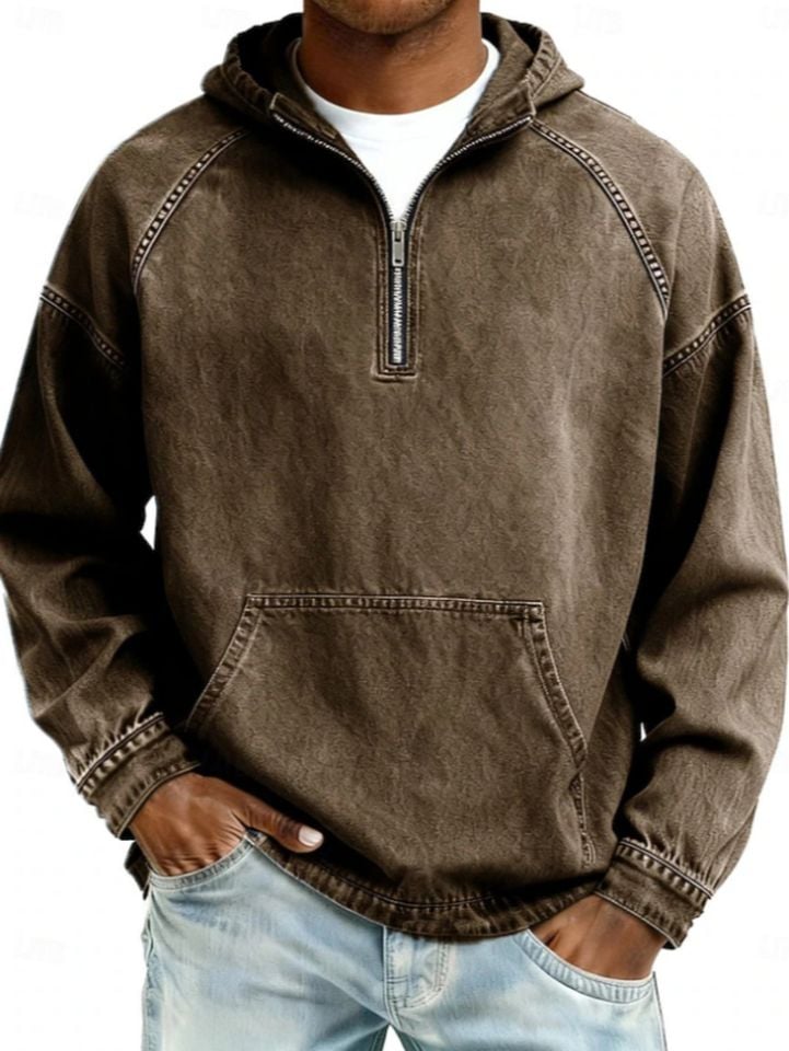 New Men's American Retro Denim-Look Hooded Pullover, Half-Zip Loose Casual Top, Street Style Versatile Sweatshirt for Boyfriend & Father