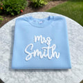 Personalized Mrs Smith Sweatshirt, Custom Chenille Embroidered Bride Sweater, Wifey Crewneck, Yarn Embroidery Shirt, Wedding Gift for Her