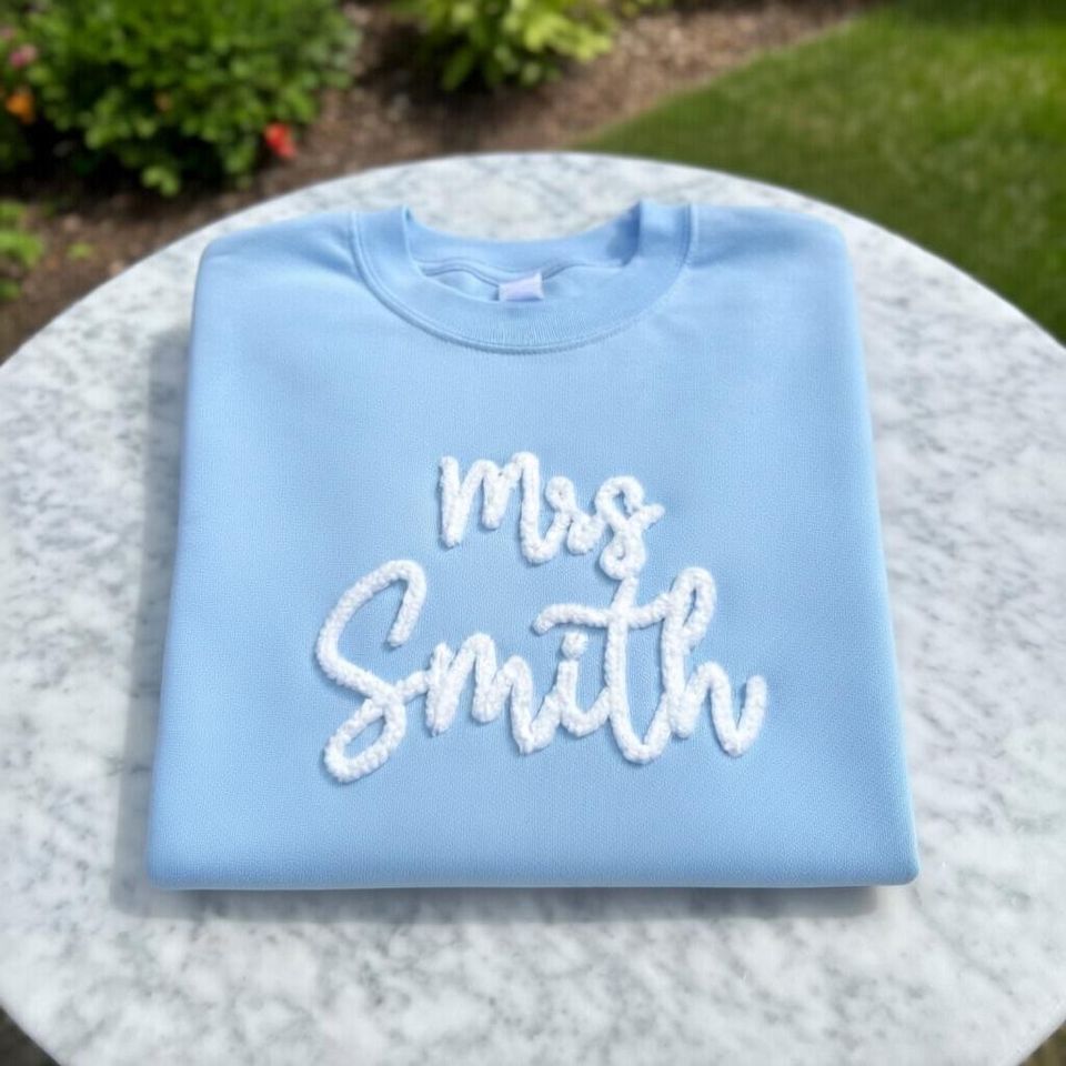 Personalized Mrs Smith Sweatshirt, Custom Chenille Embroidered Bride Sweater, Wifey Crewneck, Yarn Embroidery Shirt, Wedding Gift for Her