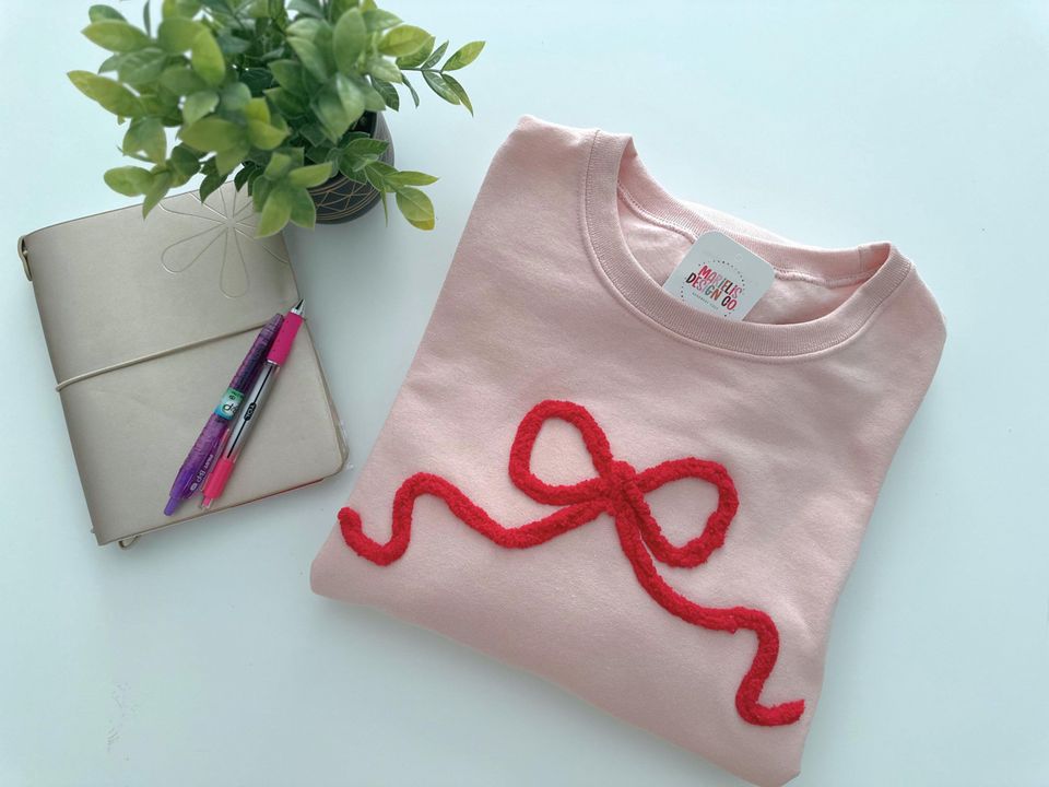 Chenille Yarn Embroidered Bow Sweatshirt Coquette Crewneck