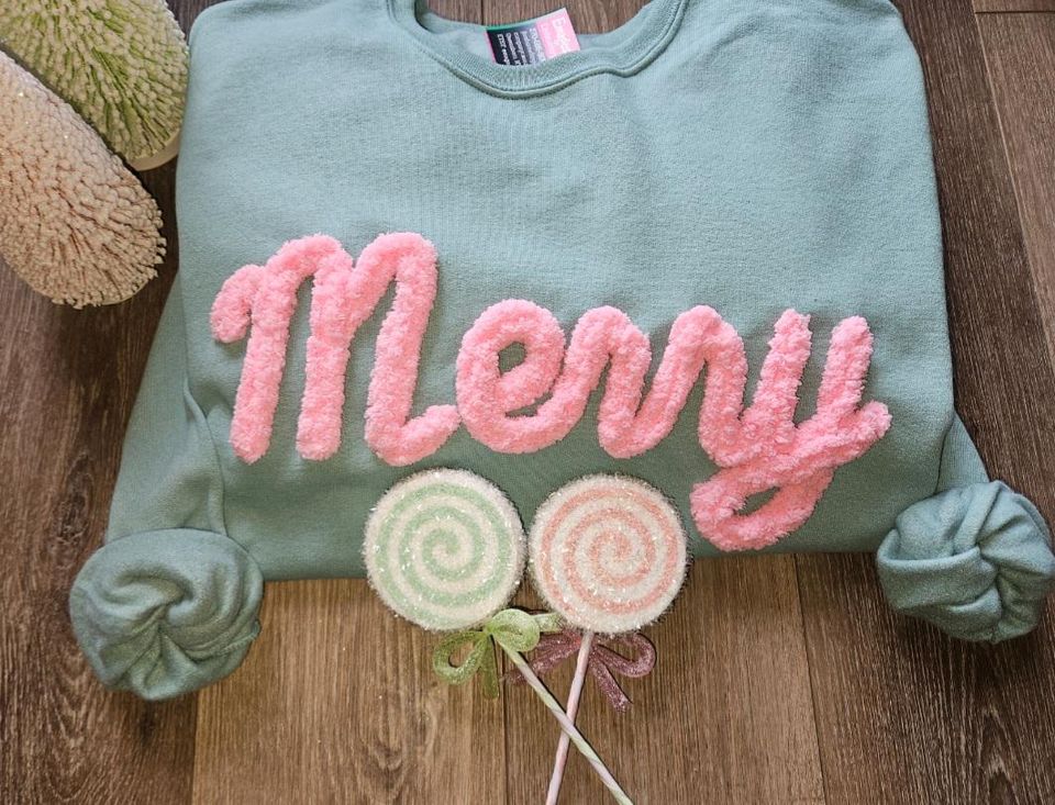 MERRY Chenille Yarn Embroidered Sweatshirt, Custom Holiday Sweatshirt, Christmas Gift, Sage Green and Pink