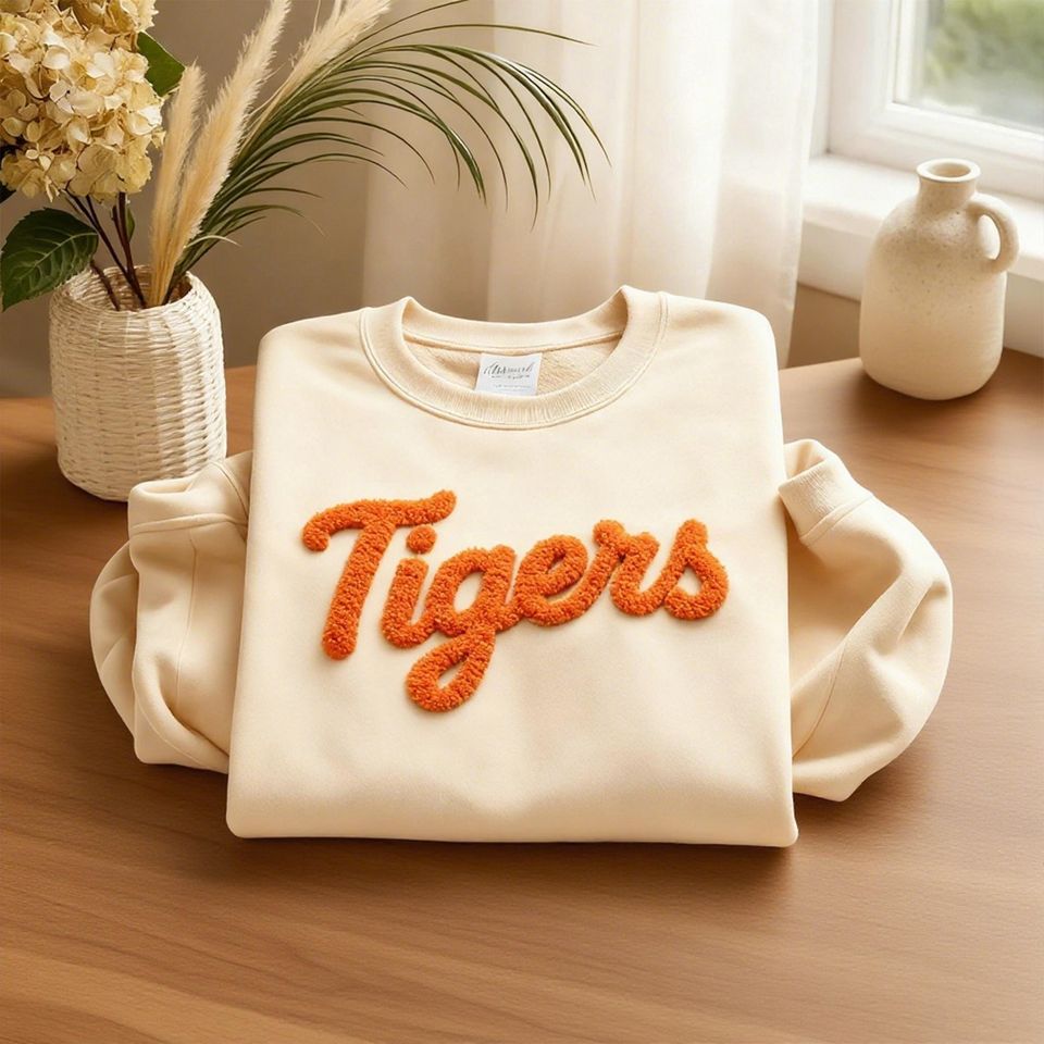 Chenille Yarn Embroidered Sweatshirt with Team Spirit and Football Patch