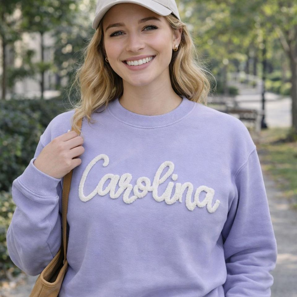 Personalized Chenille Yarn Embroidered Sweatshirt with Custom Script Crewneck