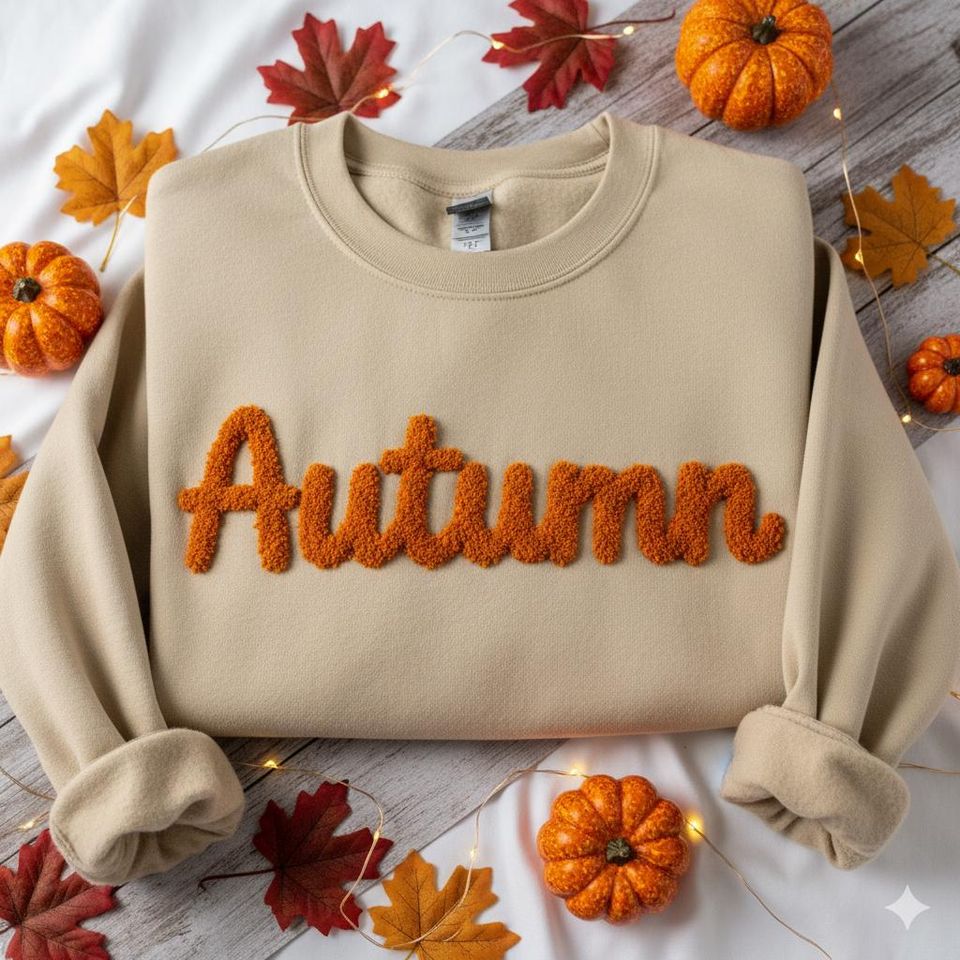 Autumn Chenille Yarn Sweatshirt with Hand Embroidered Letters and Fall Theme