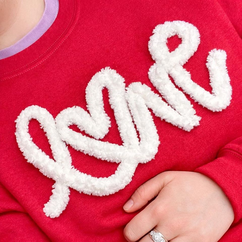 Chenille Yarn Embroidered Valentine Sweatshirt — Fuzzy 'Love' Sweatshirt