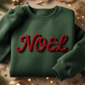 Chenille Yarn Embroidered NOEL Christmas Sweatshirt Cozy Green Holiday Crewneck