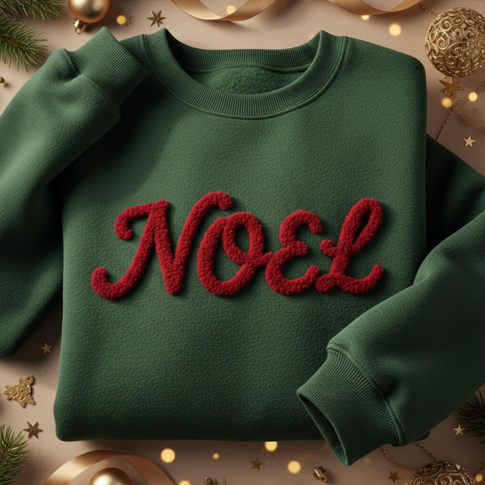 Chenille Yarn Embroidered NOEL Christmas Sweatshirt Cozy Green Holiday Crewneck