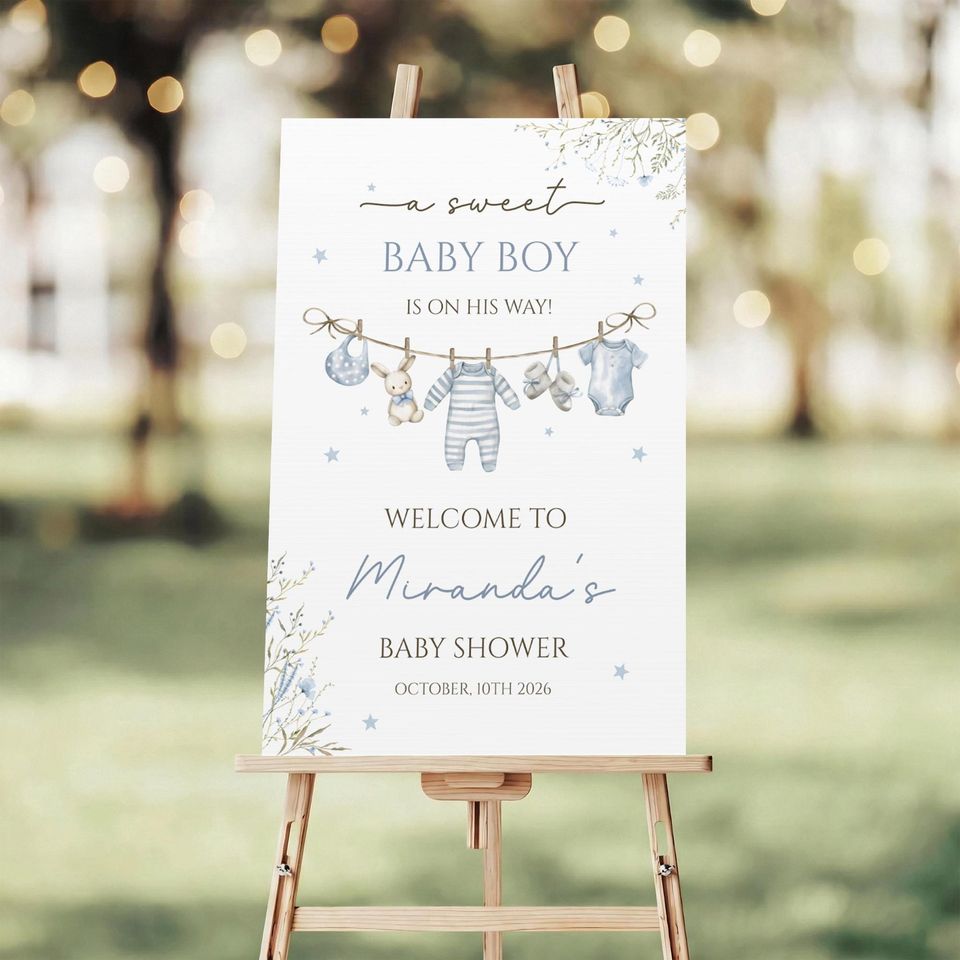 Baby Boy Shower Welcome Sign, Baby Clothesline Baby Shower Poster, Personalized Baby Shower Sign, Baby Boy Party Welcome Board